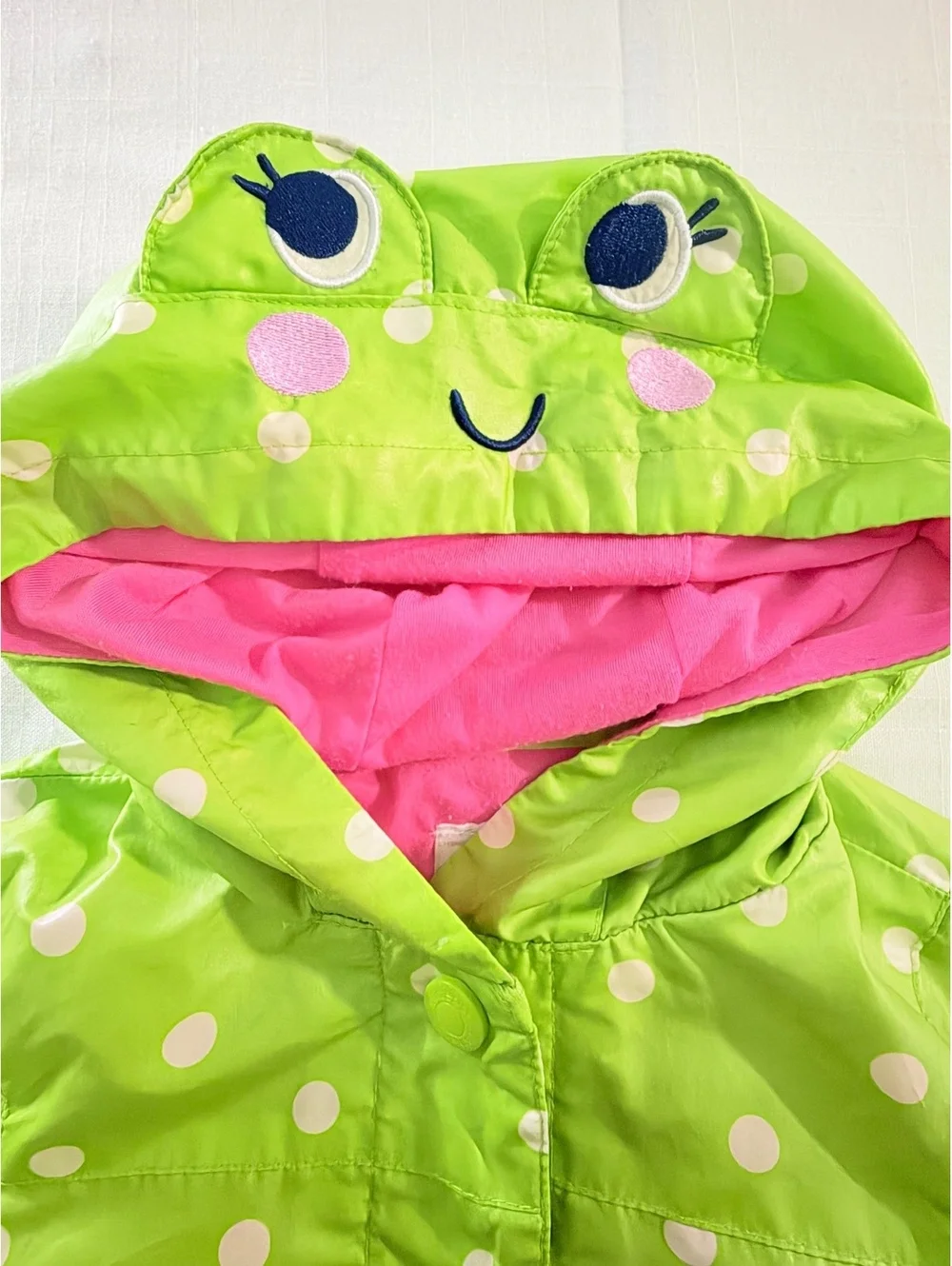 Carter's Toddler 2T Green Polka Dot Frog Hooded Rain Jacket with Pink Lining